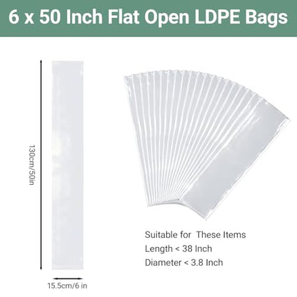 Plastic Poster Sleeves, 20 Pack 6 x 50 Inch Acid-Free Clear Storage Bag, Waterproof Flat Open Poly Long Narrow Tube for Blueprint, Collection, Painting Artwork, Fishing Rod and Umbrella, 2Mil