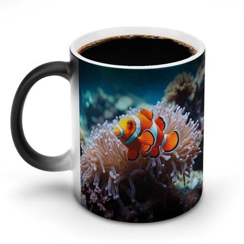 Clown Fish Coffee Mug Heat Sensitive Discoloration Ceramic Cup Personalized Color Changing Coffee Cups Unique Cup Gift for Family Friends Birthday Aniversary