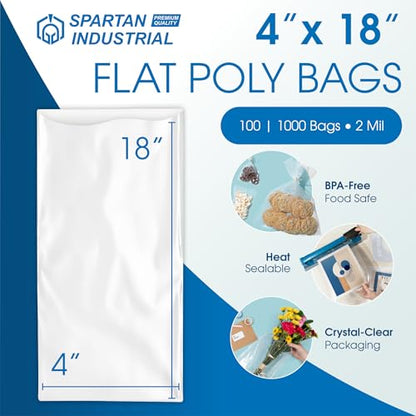 4" X 18" Open-End Flat Poly Bags (1000 Count) - 2 Mil Clear Heat-Sealable Plastic Bags for Packaging, Shipping, Storage - No Adhesive Strip - Spartan Industrial - size: 4" X 18"