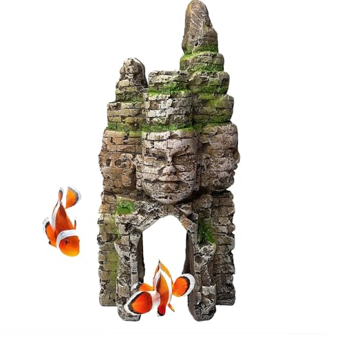 Aquarium Buddha Statue Decorations Fish Tank Resin Buddha for Four Faces Ornament with Caves Hole for Betta Fish Hideout Swim Through