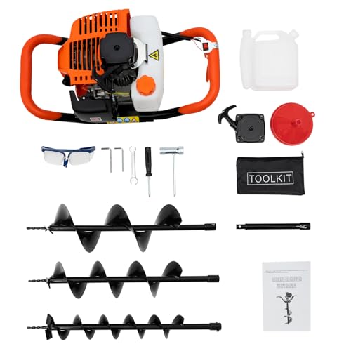 52Cc Auger Post Hole Digger,2-Stroke Petrol Gas Powered Earth Digger Earth Auger with 3 Digging Machine Drill Bits 4" 6" 8" and 3 Extension Rods for Tree Planting Holes,Fence Stakes,Greenhouse Stakes