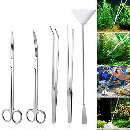Aquarium Plants Tools, Aquascaping Tweezers Scissor Spatula Tool Stainless Steel Aquarium Tank Aquascaping Tools Set for Fish Starter Kits (3pc/4pc/5pc) (5 PCS)