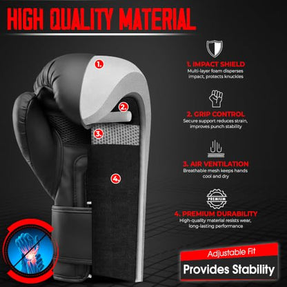 Kruzak Matte Black Boxing Gloves and Pads, Boxing Gloves Training Set for Kickboxing and Muay Thai MMA Training - Boxing Kit for Adults with Punching Pads for Martial Arts and Karate - size: 12 oz