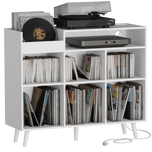 Large Record Player Stand with Vinyl Storage Cabinet, Wood Turntable Table Open Shelf Holder Up to 500 Albums Cube Storage Organizer for Living Room, Office, White