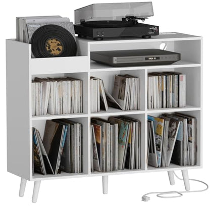 Large Record Player Stand with Vinyl Storage Cabinet, Wood Turntable Table Open Shelf Holder Up to 500 Albums Cube Storage Organizer for Living Room, Office, White