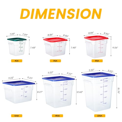 4 Pack Food Storage Containers, 6 Quart with Lids, Square Commercial Containers with Scale, NSF, Polycarbonate, Clear