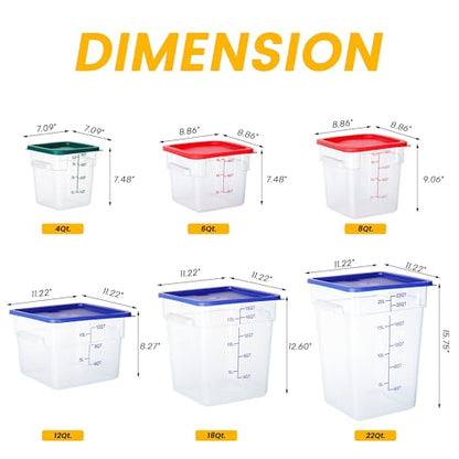 4 Pack Food Storage Containers, 6 Quart with Lids, Square Commercial Containers with Scale, NSF, Polycarbonate, Clear