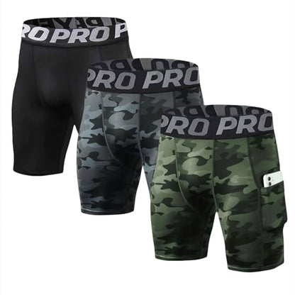 LANBAOSI Mens Compression Shorts with Phone Pocket Running Gym Yoga Athletic Tights Baselayer Summer Cool Dry Underwear Pack - color: Black+camo Black+camo Green, size: Large