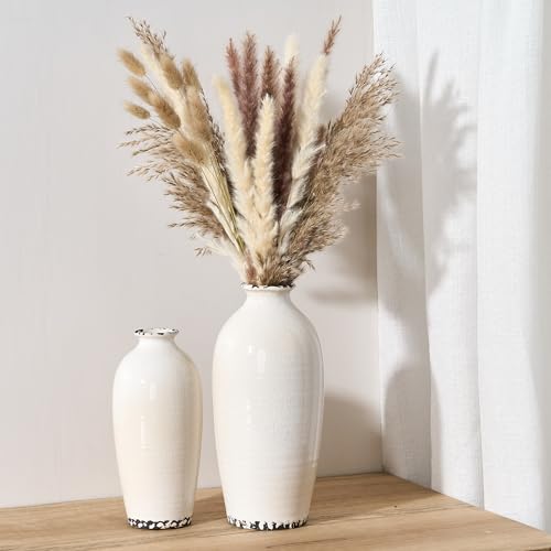 Ceramic Vases for Home Decor, Ice Crackle Aged White Vintage Ceramic Vase Set of 2, Minimalist Decorative Vase for Table Centerpiece Dining Living Room Office Nightstand Fireplace Decoration - color: Ice Crackle Aged White- 2pcs