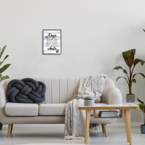 Stupell Industries Dogs Make Our Lives Whole Paw Icon Striped Backdrop, Design by Kim Allen - size: 14"L x 11"W, style: Black Framed