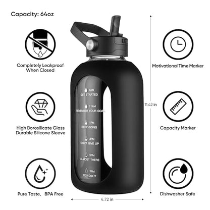 CIVAGO 64 oz Glass Water Bottle Jug with Detachable Straw and Time Maker - color: .Sage, size: 64 Ounces