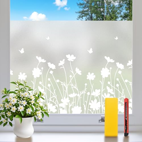 Frosted Glass Window Film Decorative with Installation Tools, Window Cover Non-Adhesive Window Stickers Reusable Decorative for Room (Wildflower, 17.5 x 78.7 in) - color: Wildflower Pattern, size: 17.7" x 78.7"