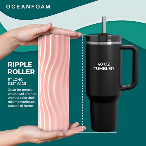 Oceanfoam Ripple Travel Foam Roller (11" x 3.35") Firm Mini Foam Roller for Physical Therapy, Deep Tissue Massage, Back Pain - High Density, Ergonomic Wave Textured - Yoga, Pilates, Exercise (Blush) - color: Blush