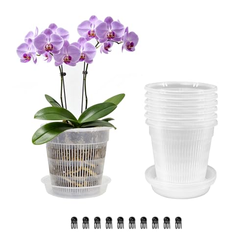 Orchid Pot with Saucers, 6 Pack Orchid Pots with Holes, 4.5" Clear Orchid Pots for Repotting, Breathable Slotted Orchids Planter - color: 6pcs 4.5in + Saucers