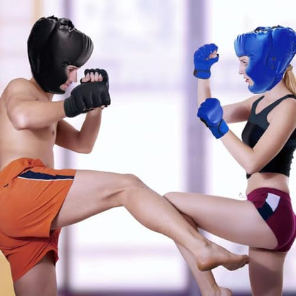 Boxing Gloves and Headgear Set for Adults 2 Pair Gloves and 2 Head Guards - color: BlackBlue