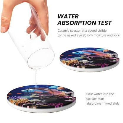 Coral Reef Fish Aquarium Ceramic Car Coasters 2 Pack 2.56 in, Absorbent Insert Cupholder Coaster Car Cup Holder Mat with Finger Notch Non-Slip Cork Base Reusable Drink Coasters