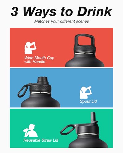 Coolflask Half Gallon Water Bottle Insulated with Straw & 3 Leakproof Lids - color: Magic Black, size: 64 Ounces