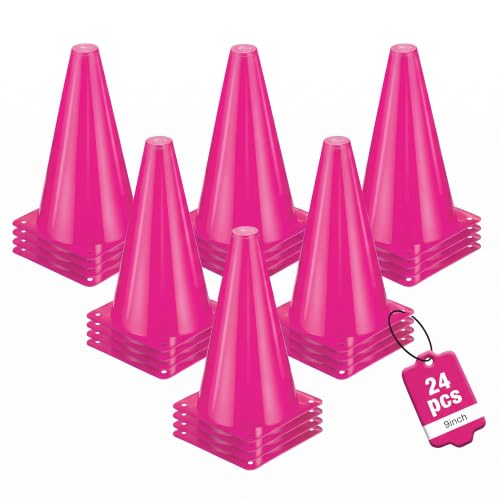 24pcs Cones 9 Inch Soccer Cones and Plastic Traffic Cones, Durable Cones for Sports Training, Ideal for Soccer, Basketball, Football, Skating, and Agility Drills Practice - color: pink