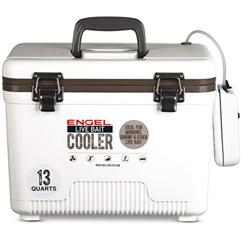 Engel Live Bait Cooler Box with 2nd Gen 2-Speed Aerator Pump - Portable Fishing Station & Minnow Bucket for Shrimp & Other Live Fish with Aerator - ENGLBC-N