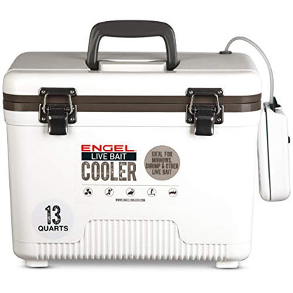 Engel Live Bait Cooler Box with 2nd Gen 2-Speed Aerator Pump - Portable Fishing Station & Minnow Bucket for Shrimp & Other Live Fish with Aerator - ENGLBC-N