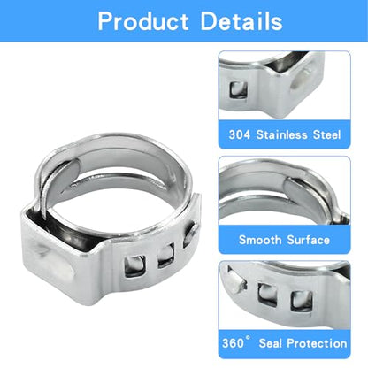 Litoexpe 50 Pcs Single Ear Hose Clamp 10.3mm-12.8mm, Hose Crimp Clamps Ear Crimp Rings, Stainless Steel Pinch Clamp for Securing Pipe Hoses and Automotive - size: 10.3mm-12.8mm
