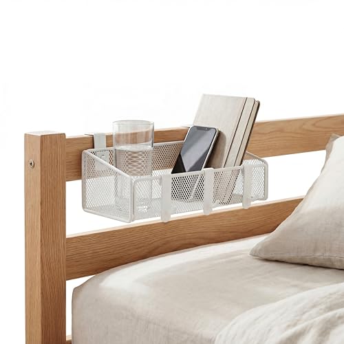 Bedside Shelf for Bed & Bunk Bed Storage Basket Office Cubical Wall Hanging Organizer - 5 Different Size Hooks - College Dorm Home Office Essentials for Phone,Book,Drink,Tissue (White)