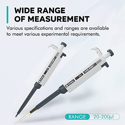 LAB FISH Laboratory Micropipette 20-200ul Capacity Range High Accurate Single Channel Pipettor Manual Adjustable Volume Pipettes Increment 1ul with 600pcs 200ul Pipette Tips Set