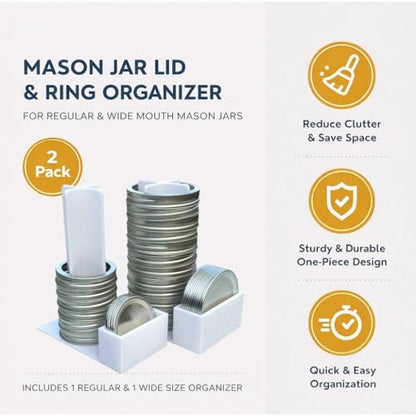 Mason Jar Lid Organizer & Ring Holder (2 Pack) | Vertical Storage Rack for Regular & Wide Mouth Canning Lids | Space-Saving Kitchen Cabinet Organizer | Holds 20 Lids & 20 Rings