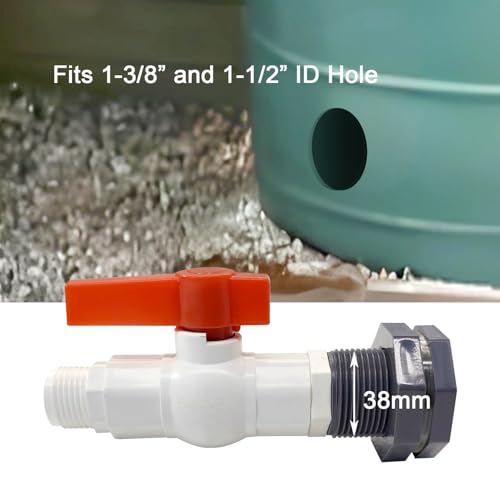 2Pcs Rain Barrel Spigot Faucet Kit with PVC Bulkhead Fitting Ball Valve Thread Seal Tape and Garden Hose Male Threaded Adapter (3/4" Male), fits 1-3/8 and 1-1/2 ID Hole