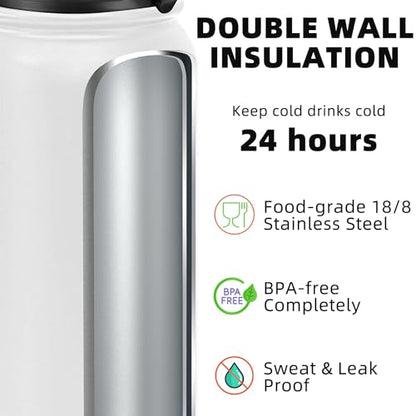 Fanhaw 24 oz Insulated Stainless Steel Water Bottle with Anti-Dust Chug Lid, Leakproof Vacuum Metal Everyday Use Bottle for Kids, Teens & Adults, Back to School Essentials (White) - color: White, style: 24 Ounces