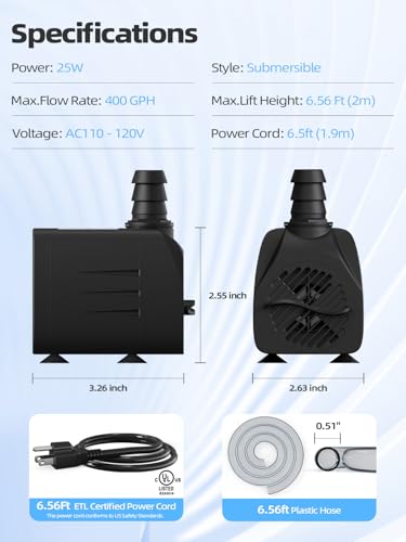 400GPH Submersible Water Pump(1500L/H, 25W), Ultra Quiet Water Fountain Pump with 6.56ft High Lift & 6.5ft Hose, 3 Nozzles for Pond Waterfall, Fish Tank, Aquarium, Hydroponics
