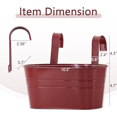 3 Pack Metal Railing Planters, 10.5" Oval Hanging Flower Pots with Detachable Hooks & Drainage Holes, Fits Rails up to 2.36", Galvanized Iron Fence Bucket for Balcony Garden Patio - Red - color: Red, size: 3 Pack, 10.5"L x 5.7"W x 4.7"H