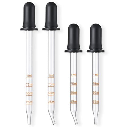 4 Pack, 1 mL Glass Eye Dropper with Measurement - Long & Short, Bent & Straight Tip Calibrated Glass Medicine Droppers, Accurate Dose Pipette Dropper for Essential Oils, Feeding, Ear, Lab, Health Care