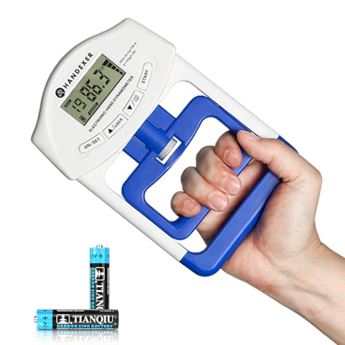 Digital Grip Strength Tester, 198 lb Hand Dynamometer, Blue | 198 lb Capacity; 0.2 lb Increments; 19 User Profiles; Adjustable Handle; LCD Display; For Sport and Rehab