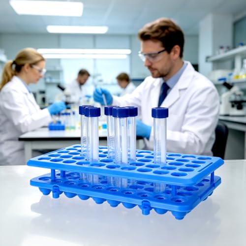 BIGLEE Plastic Test Tube Holder Rack with Silicone Pad for 5ml/10ml/15ml Centrifuge Tubes, Detachable,Holes 50 (1, Dark Blue, 9.6X4.9IN)