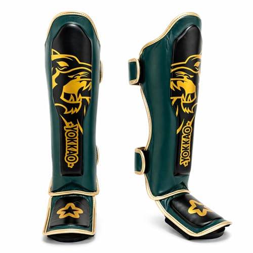 YOKKAO Muay Thai Designer Shin Guards: Superior Protection and Support for Muay Thai, Kickboxing, and MMA - Premium Quality and Stylish Design for All Skill Levels - color: Forest Green, size: Large