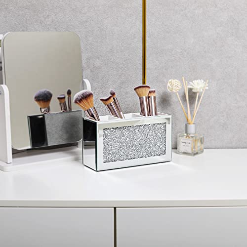 Silver Makeup Brush Holder Organizer, Bling 3 Slot Crushed Diamond Crystal Mirrored Cosmetic Brushes Storage, Eyeliners Eyebrow Pencil Display Case