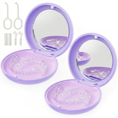 2 Pack Retainer Case with Mirror, Aligner Case Compatible with Invisalign - color: 2 Pack - PurpleMirror