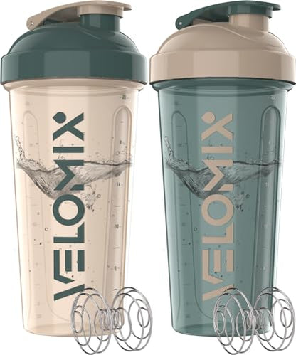 VELOMIX 2 Pack 28oz Protein Shaker Bottle for Protein Mixes, Blue/Beige - color: A9) Blue / Beige