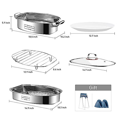 2-Tier Stainless Steel Fish Steamer - Multi-Use Square Steaming Cookware with Rack, Ceramic Plate, Chuck, Oven Mitts - Stockpot for Steaming Fish, Boiling Soup