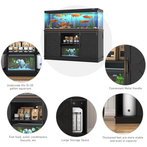 Hlivelood Farmhouse 75-120 Gallon Fish Tank Stand with Power Outlet, Aquarium Stand w/Cabinet&Sliding Barn Door, Heavy Duty Reptile Tank Stand for Fish/Turtle/Reptile Terrarium, 1000LB Capacity, Black