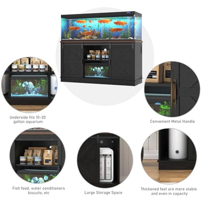 Hlivelood Farmhouse 75-120 Gallon Fish Tank Stand with Power Outlet, Aquarium Stand w/Cabinet&Sliding Barn Door, Heavy Duty Reptile Tank Stand for Fish/Turtle/Reptile Terrarium, 1000LB Capacity, Black