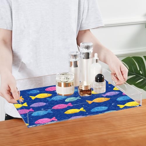 Acrylic Tray Clear Serving Vanity Ottoman Bathroom Coffee Table Countertop Organizer Raised Edge Spill Proof Dark Blue Cartoon Fishes - color: Dark Blue Cartoon Fishes
