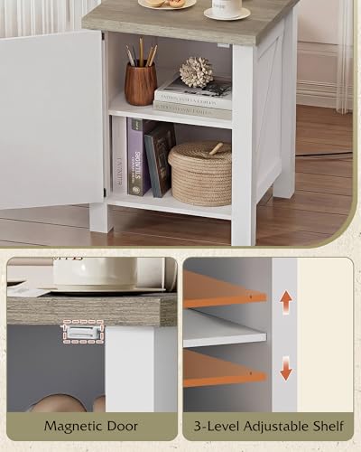 WLIVE White Farmhouse Nightstand with Charging Station, End Table with Barn Door and Adjustable Storage Shelf, Rustic Wood Night Stand, 18" Modern Bedside Table for Bedroom, White - color: White