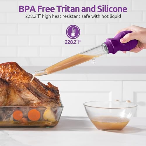 U-Taste 228.2℉ Heat Resistant Food Grade 1.5oz Angled Turkey Baster, and 18/8 Stainless Steel Square Measuring Spoons Set of 8 (Purple+Silver)
