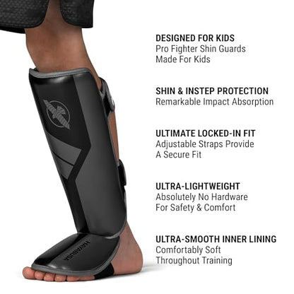 Hayabusa S4 Kids Shin Guards, Muay Thai, MMA, Kickboxing, Martial Arts - color: Black, size: Small-Medium