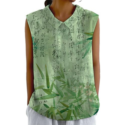 domirica Graceful Japanese Art Pattern Sleeveless Collared Tank Top Soft Casual Boho Sleeveless Tshirts for Women - color: Bamboo-a, size: X-Large