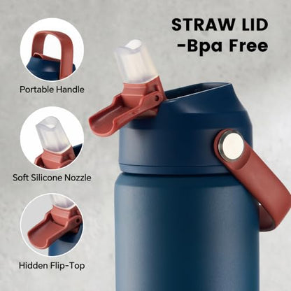 Fijinhom 18 oz Insulated Water Bottle with Straw Lid, Stainless Steel Water Bottles, Double Wall Vacuum, Portable Handle & Non-slip Bottom, BPA Free Leak Proof Metal Bottles, Keep Cold 24H, Sapphire - color: Sapphire, size: 18 Ounces