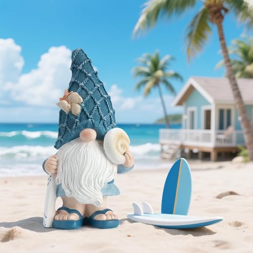 Beach Gnomes Statues, Ocean Gnomes, Nautical Themes Decoration, Resin Gnome Holding a Surfboard, 8.6 Inches - color: Surfboard