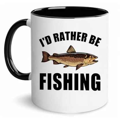 Ceramic Mug Novelty Cup - Funny Gift for Father's Day Fishing Lovers or Men Him Dad Grandpa Fisherman - I'D Rather Be Fishing - 11 oz Coffee Mug White and black Tea Cup